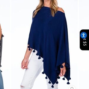 Caroline Grace Tassel Trim Cotton Cashmere Topper midnight blue NWOT